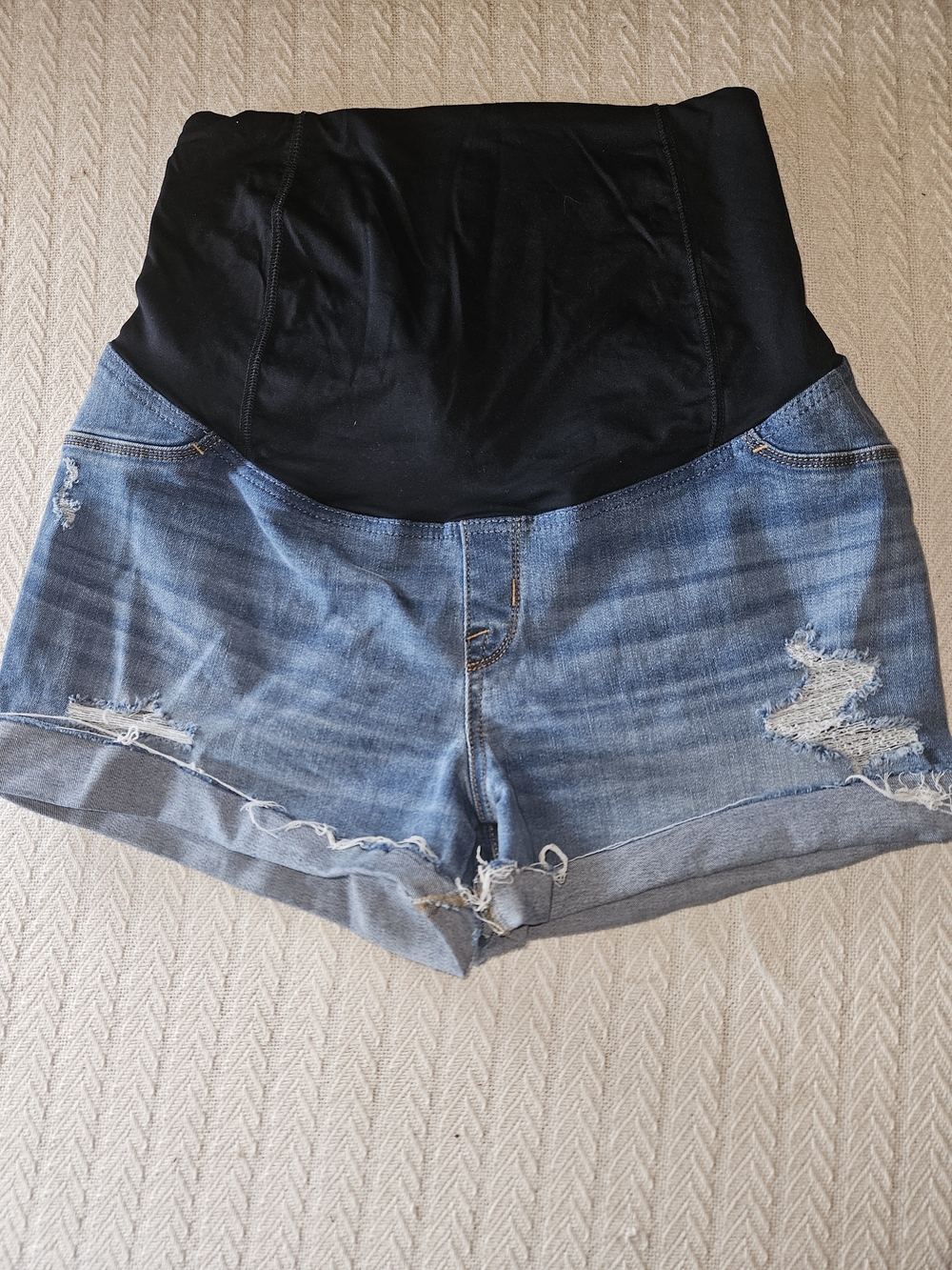 Ingrid & Isabel Black Waistband Blue Distressed Denim Maternity Shorts